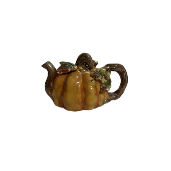 Orange Green Deco Decorative Ceramic Pumpkin Fall Halloween Thanksgiving Tea Pot - Picture 1 of 4